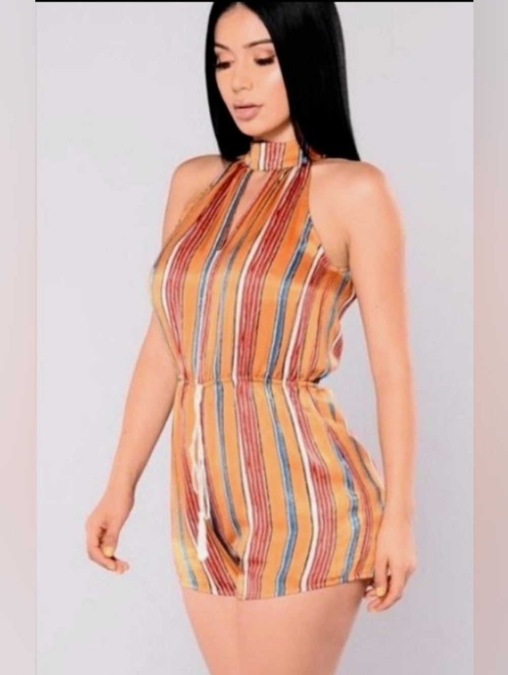 FN Boho Satin-like Striped Halter Neck Summer Romper in Mustard Color Tassel Acc